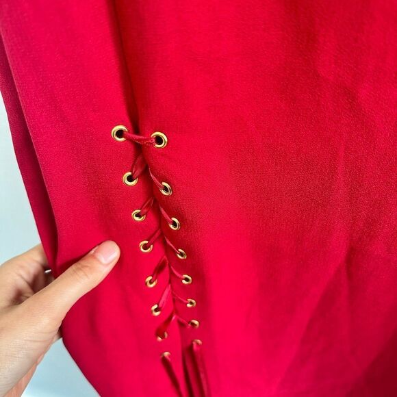 Vintage 90'S Red Spaghetti Strap High Front Leg Slit Lace Up Midi Dress Size S - Picture 6 of 10